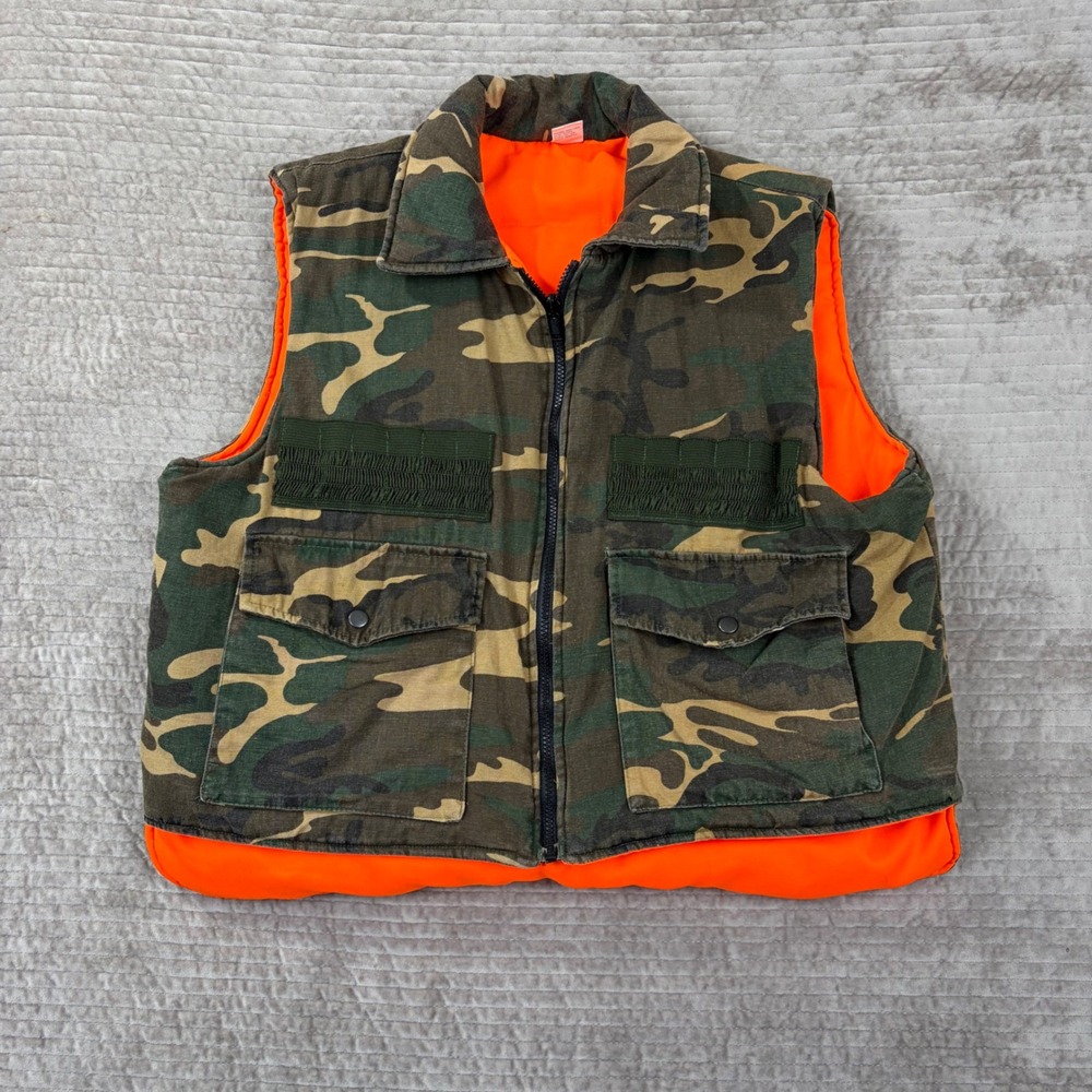 Game Winner Reversible Hunting Vest Mens XL Camo Blaze Orange Shell Loops Zip‎